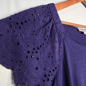 LOFT Bright Navy Eyelet Flutter Sleeve Blouse Relaxed Fit Medium